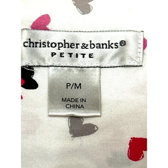 Christopher & Banks Petite Medium White Button Up Shirt Pink Red Heart Print Top - Picture 6 of 10